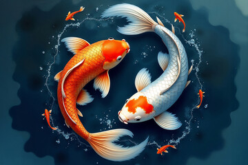 Elegant illustration of two koi fish, one orange and white, swimming in a circular flow on a dark blue watery background. Symbol of harmony and good fortune.