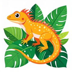 Orange Lizard On Green Tropical Leaves