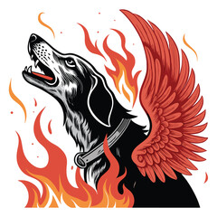 A fearsome, crimson winged doom hound, howling amidst roaring inferno. Fiery scene; demon, dark, fantasy.