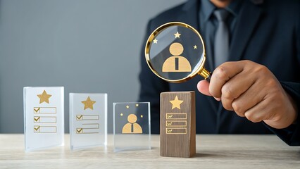 Photo of a businessman uses a magnifying glass to examine an employee profile, with performance review checklists nearby