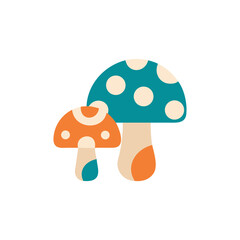 Colorful flat illustration of two whimsical mushrooms, one larger with teal and cream spots, the other smaller with orange and white accents, showcasing a playful nature theme