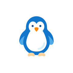 Cute cartoon penguin illustration with a round body, blue and white colors, and an orange beak, showcasing a playful and friendly character in a whimsical style