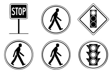 A stop sign and pedestrian crossing signs isolated on white background