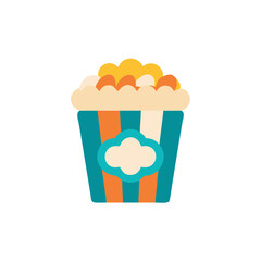 Colorful popcorn bucket filled with buttery popcorn, featuring a striped design, perfect for movie nights or snack time, evoking a sense of fun and enjoyment