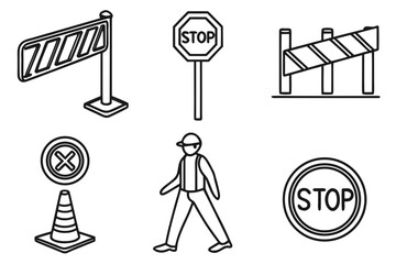 Construction and stop signs with a worker isolated on white background