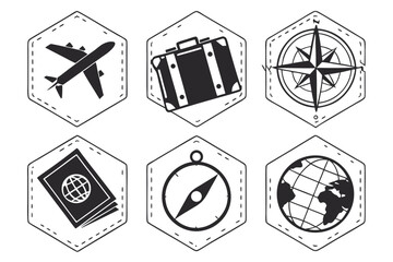 Travel icons including an airplane, suitcase, compass, and passport