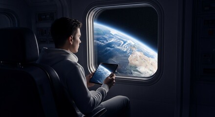Man in Spaceship Viewing Earth Through Window with Tablet