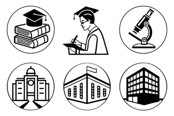 Illustrations depict education, science, and academic buildings in black and white
