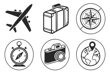 Travel icons including an airplane, suitcase, compass, and camera