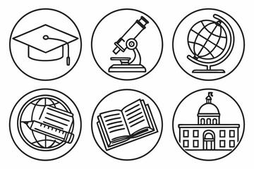 Line art icons represent education, science, and global learning