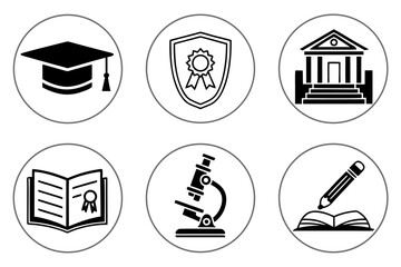 Black and white icons represent education, awards, and academic pursuits