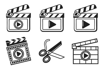 A set of black and white film clapperboard icons isolated on white