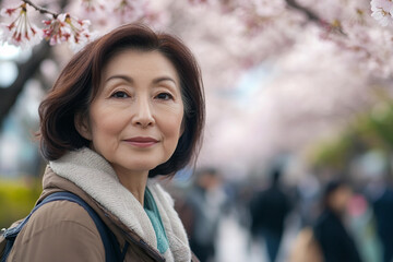 Generative AI Portrait of an Asian Man Woman Enjoying Springtime Cherry Blossoms in Japan