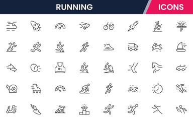Running vector web line icon collection, sleek illustrations of shoes, tracks, fitness, speed for dynamic, active, athletic designs.
