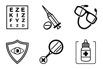 Eye chart, syringe, glasses, and other eye care icons isolated on white