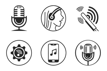 Microphone, headset, and audio icons isolated on white background