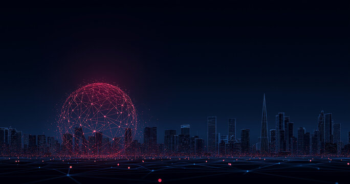 Digital cityscape with network connections and digital data