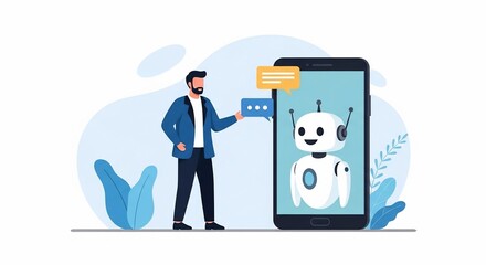 Man Interacting with Chatbot on Smartphone, Modern Technology Illustration