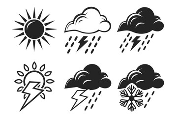 Weather forecast icons with sun, cloud, rain, and snow isolated on white