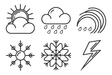 Weather icons with sun, cloud, rain, snow, and lightning isolated on white