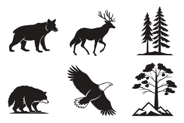 Wildlife icons featuring bear, deer, eagle, wolf, and trees