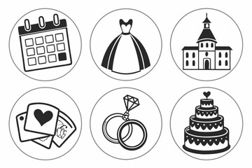 Wedding icons featuring calendar, dress, rings, cake, and building