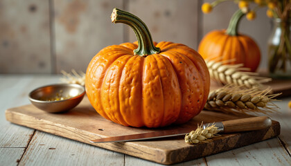 Fresh pumpkin on wooden cutting board with knife and scoop nearby  