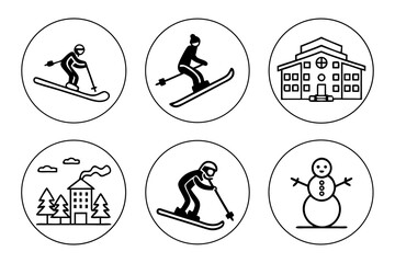 Winter sport icons featuring skiers, building, and snowman