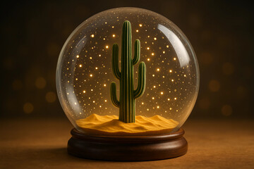 Miniature world showing a tall cactus skyscraper rising from golden sand inside a magical snowglobe