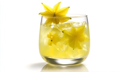 Pale yellow starfruit juice in a modern shaped glass garnished with starfruit slice isolated with no background clear overlay cut out on isolated transparent removed background
