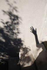 Shadow of a hand reaching upwards against a wall in bright daylight
