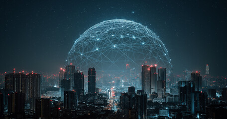 Digital cityscape with network connections and digital data