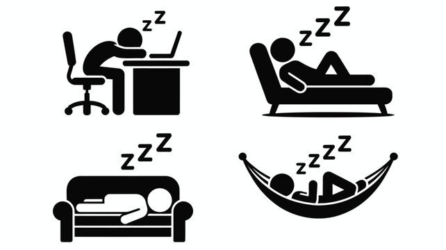 Sleeping poses in various locations depict relaxation, tiredness, and rest with silhouettes on furniture.