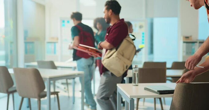 Education, lecture and start with students in classroom for study group, assignment and college. University, future and begin with people arrival on campus for knowledge and learning together