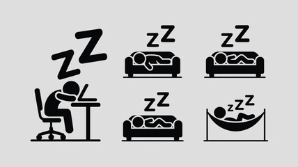 Exhaustion captured in simple black and white icons, illustrating burnout, sleepiness, fatigue, and rest with stick figures.