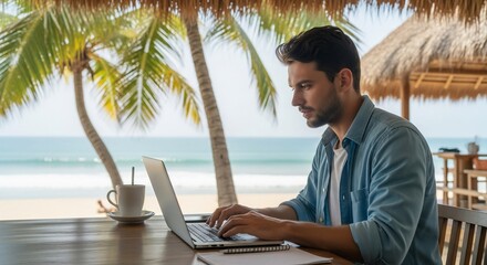Man Working on Laptop at Beachside Cafe with Coffee and Ocean View