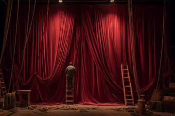 Individual standing on a ladder in front of rich red curtains, adjusting fabric in a theater setting, surrounded by ropes and wooden ladders, preparing for a performance