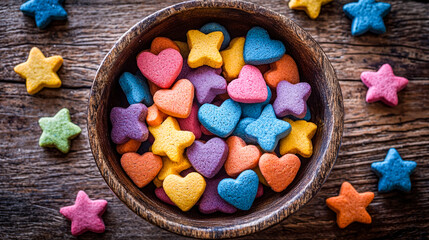 Colorful candy hearts in a wooden bowl on a rustic wooden surface