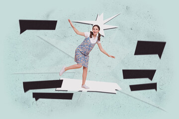 Banner 3d art pop image collage of happy girl guy stand doodle icon bubble communication speech...