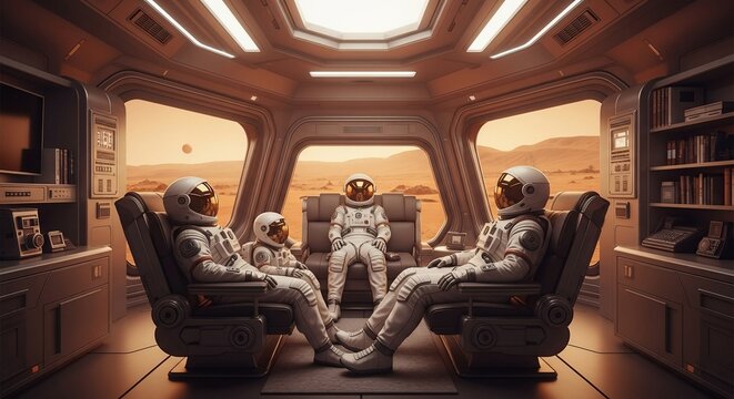 Martian Astronauts Conferring in a Spacecraft