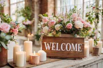 Beautiful floral arrangement with pink roses and greenery beside glowing candles on wooden table