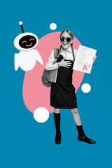 Vertical zine pop trend collage of happy teenage schoolgirl hold exam paper excellent mark...
