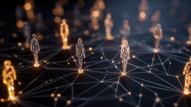 Digital network of interconnected human figures representing connectivity and technology