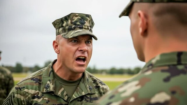 Intense military drill sergeant aggressively shouting at a new recruit, symbolizing strict discipline, demanding training, and military authority