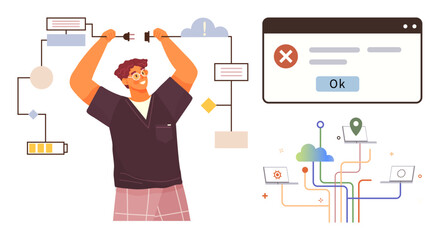 Man reconnecting network cables amid digital connections, error messages, cloud icons, and data flow visuals. Ideal for troubleshooting, innovation, technology, problem-solving, teamwork