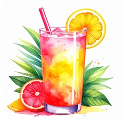 Watercolor Painting Of Vibrant Pink And Yellow Cocktail