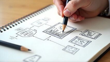 Hand Drawing Website Wireframe Sketch on Notebook Paper for UX Design and Development