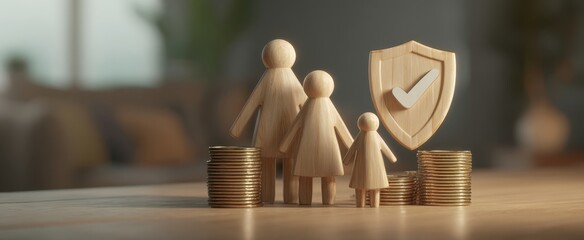 The wooden family and shield symbolizing financial security and protection.