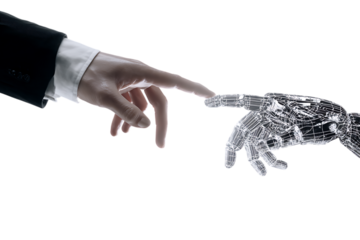 Human and robotic hands touching, AI concept