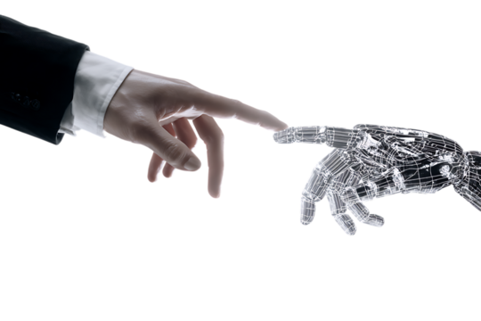 Human and robotic hands touching, AI concept